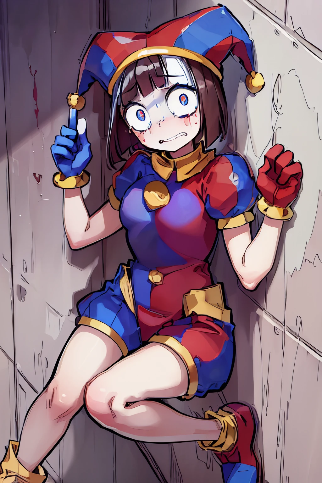 Pomni, 1girl, ((red and blue jester outfit)), red and blue jester cap, puffy short sleeves, ((red and blue gloves)), buttons, colored skin, ((symbol-shaped pupils, red and blue eyes)), ((red and blue shoes)), blush stickers, brown hair, bob cut, blunt bangs, colored skin, white skin, perfect anatomy, solo, scared, tears, upper body