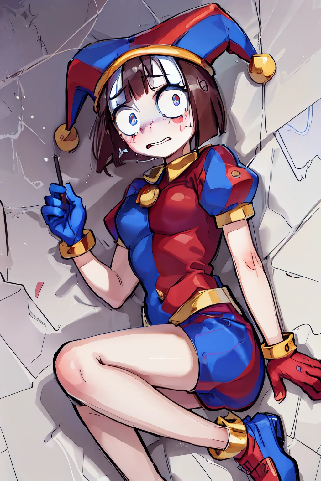 Pomni, 1girl, ((red and blue jester outfit)), red and blue jester cap, puffy short sleeves, ((red and blue gloves)), buttons, colored skin, ((symbol-shaped pupils, red and blue eyes)), ((red and blue shoes)), blush stickers, brown hair, bob cut, blunt bangs, colored skin, white skin, perfect anatomy, solo, scared, tears, upper body