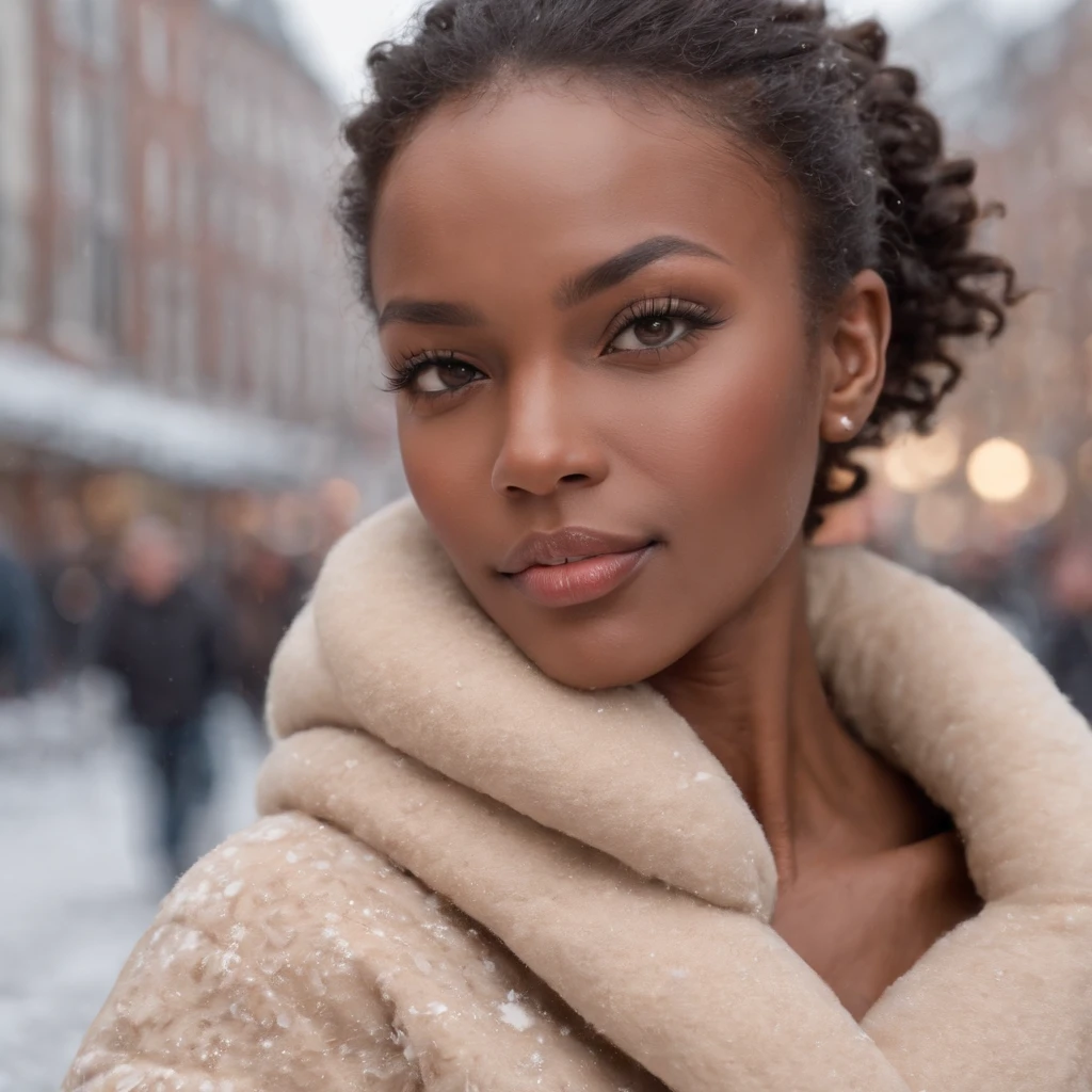 ((Dark African skin, Very deep ebony skin)), ((Its beauty  undeniable)), ((Excited cute face)), ((Hyper detailed perfect eyes,)), ((pose mignonne)), ((Langue sortie)), ((Seductive )), sexy, ((beige warm winterjacket, jeans, shopping bags)), ((Afro ponytail with long African curly hair,)), (( peau)), ((debout, vue de face)), ((toucher ses propres jambes dans une pose sexy)), ((The Hague, winter, cold, shopping, Ville publique, people in the background, snowflakes)), Sharp Focus CGI, photoreallistic, High detail, Realstic, Masterpiece, absurdes, Best quality, Hdr, High quality, high-definition, Extremely detailed, 8k wallpaper, Intricate details, 8K UHD, Full-HD, (photo realist:1.2), contraste, intense illumination, lighting cinematic, natural lighting, veilleuse, Nuit, Illumination globale, Laughing out loud, a la piscine African women、Female sexy、people, the hague