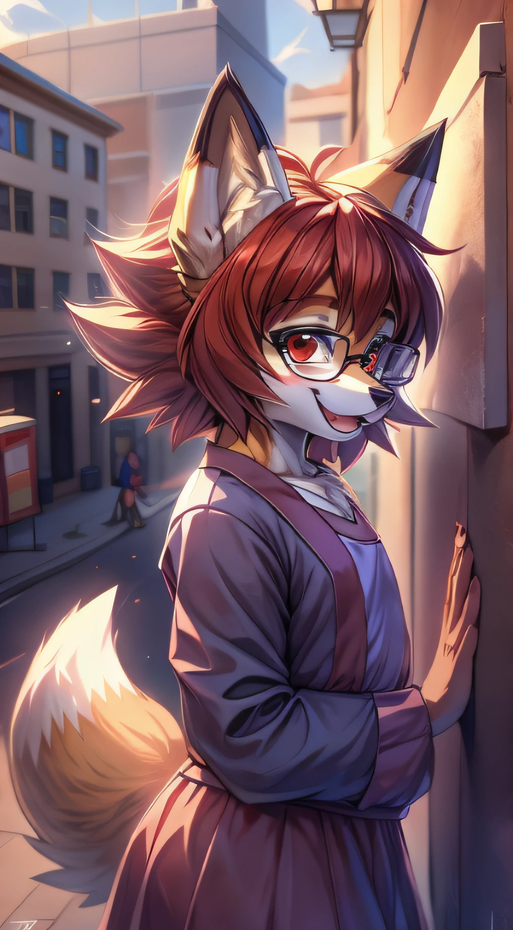 fox furry girl with short red hair, fluffy hair shy, beautiful red eyes, wearing glasses,  very  fluffy tail, small chest, bow in hair, , happy , happy mouth, young body, Good girl, wearing a cute purple modest cute outfit, leaning over, walking in the streets, being adorable, proud girl, wanting to be loved, side perspective