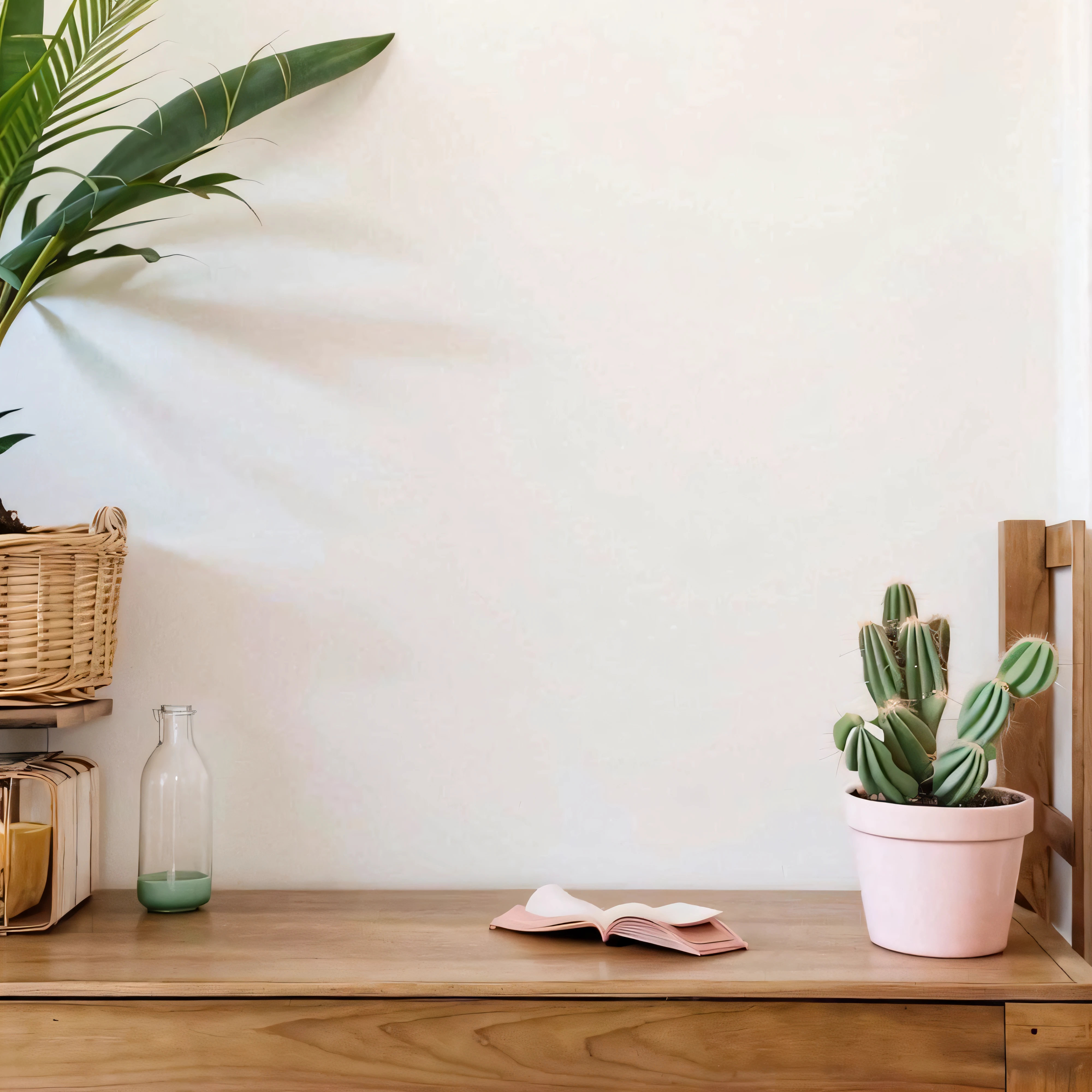 There is a plant in a basket on the table,There is a pink vase next to it, Cactus plants in the room, in pink、white and green, minimalist environment, clean and , next to a plant, Family showcase, clean minimalist design, very minimalistic, at the lowest limit, And clean, indoor shooting, Soft Zen Simplicity, vignet, Small plants, Aesthetic