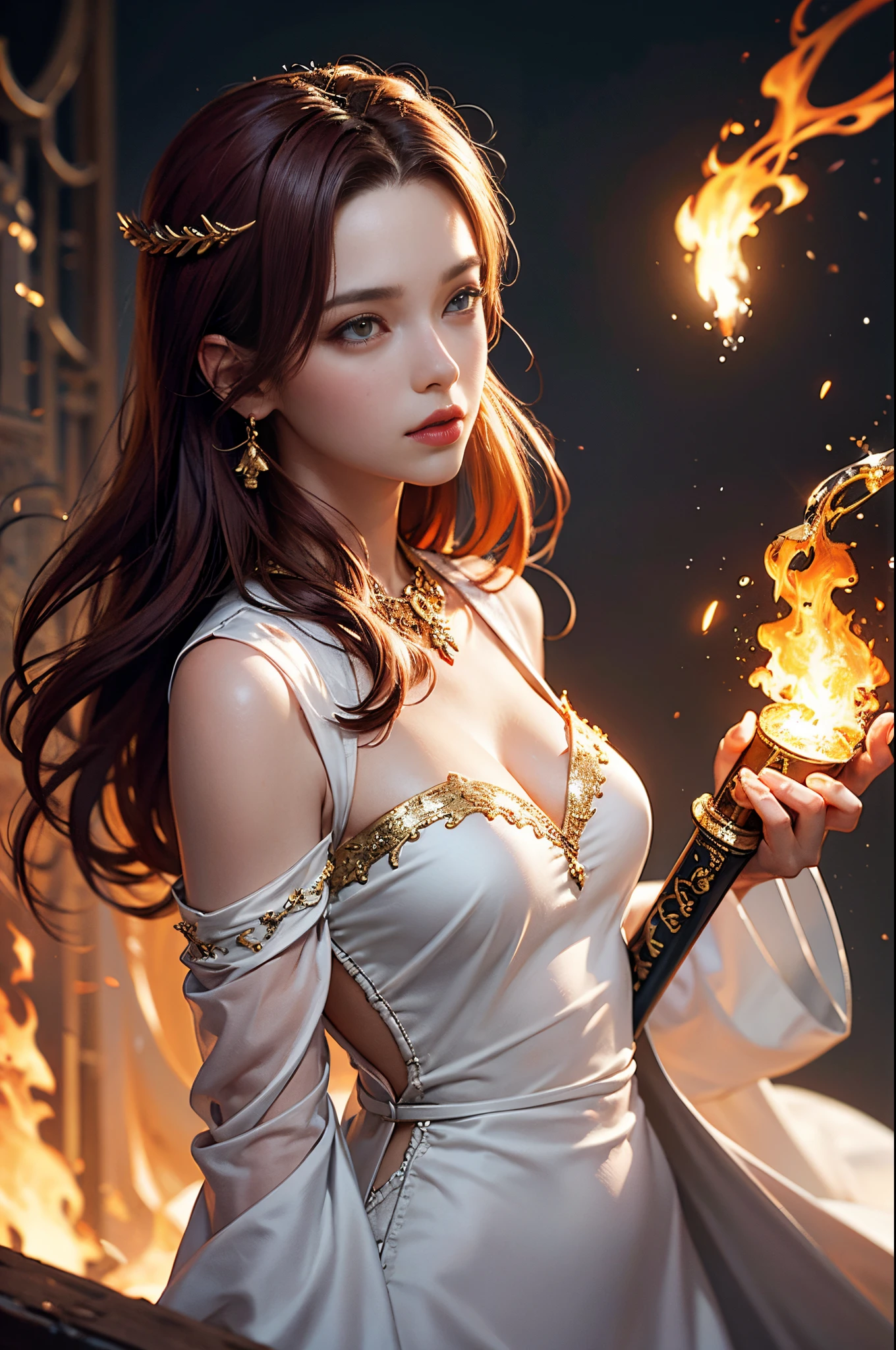 Close up portrait of woman in white dress holding sword, aly fell and artgerm, ruan jia and artgerm, red-haired goddess, cushart krenz key art feminine, artgerm and ruan jia, by Yang J, golden goddess athena, appears as the fire goddess, greek goddess athena,top-quality, perfect-composition, Perfect Angle, Official art