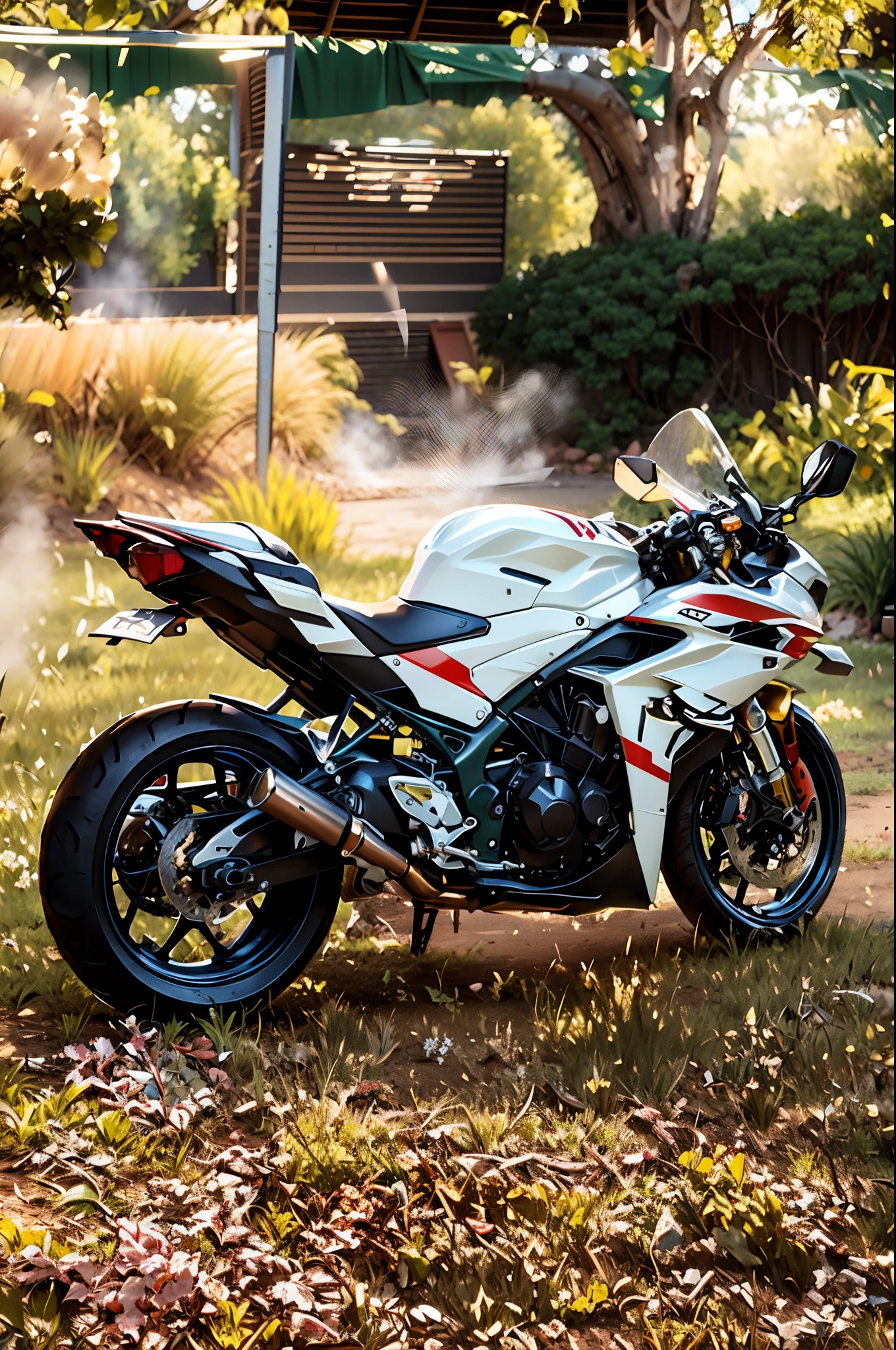motorcycle parked in the grass near a soccer goal on a field, front side full, yoshimura exhaust, front side views full, white red, cr3, f32, f 3 2, black white, motorcycle, lowres, rear-shot, glossy white armor, front side, back facing, side front view, rear shot, silver white red details