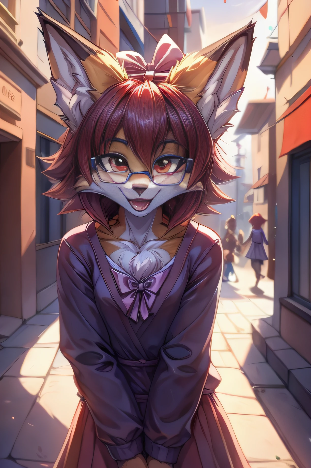 fox furry girl with short red hair, fluffy hair shy, beautiful red eyes, wearing glasses,  very  fluffy tail, small chest, bow in hair, , happy , happy mouth, young body, Good girl, wearing a cute purple modest cute outfit, leaning over, walking in the streets, being adorable, proud girl, wanting to be loved, side perspective