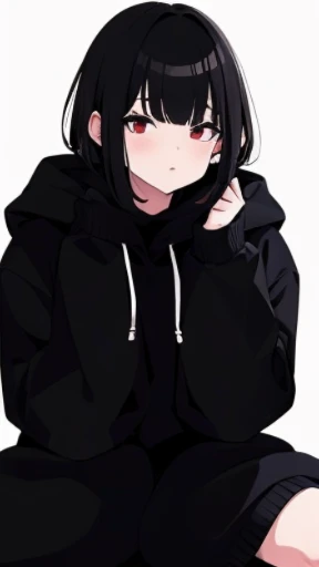 Gothic girl sitting alone in a dimly lit bedroom, amplify the desolate air. short dark hair, Add an element of mystery to her appearance.red eyes，short-cut，rot，A dark-haired，inner colored，Erotic，Moe Sleeve，Big hoodie，Moe Sleeve，cute little，male ，Lori，Big eyes，dog