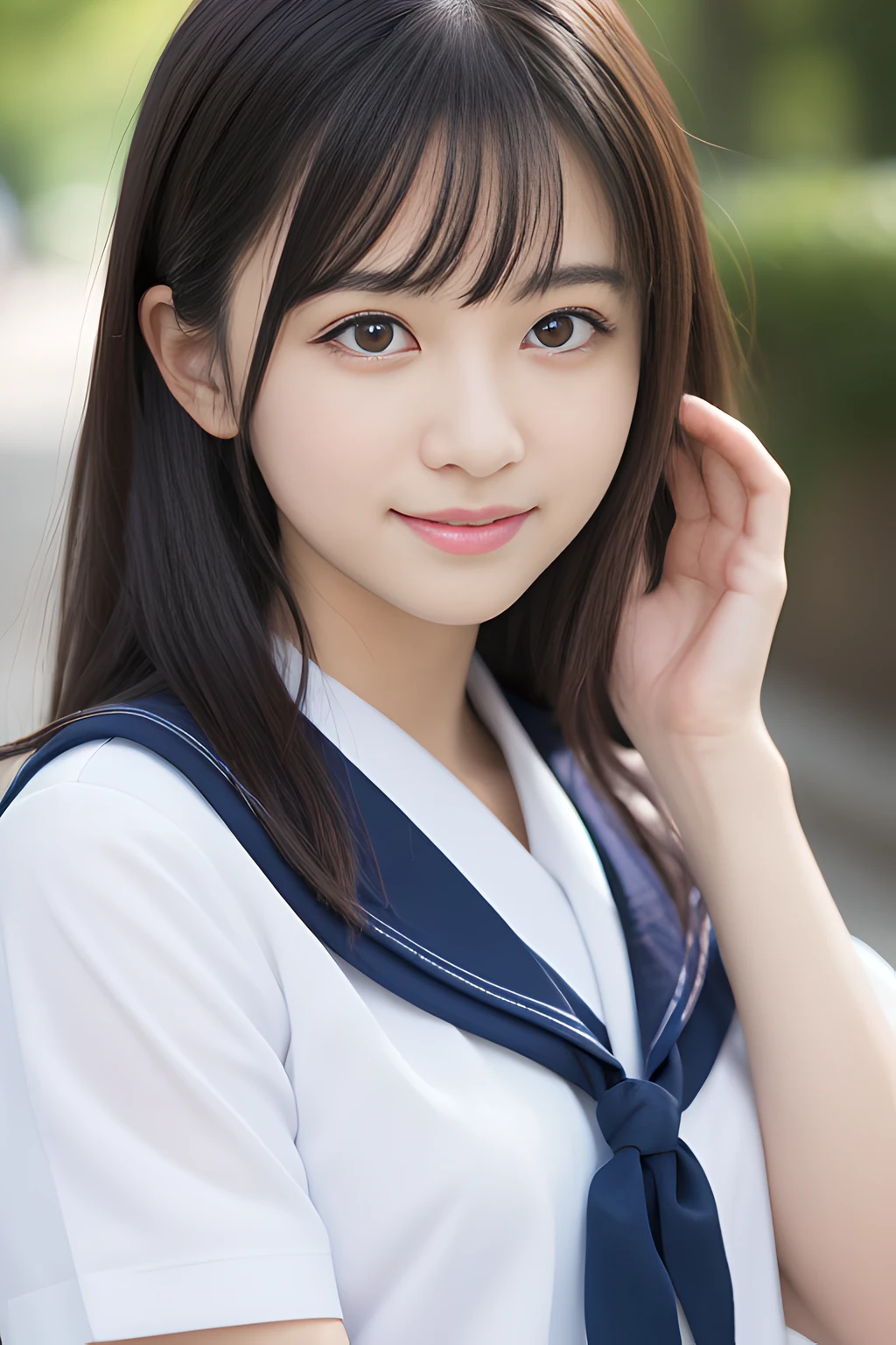 masutepiece, Best Quality, 8K, 20yr old, , Raw photo, absurderes, award winning portrait, Smile, Smile, Solo, during daytime, Idol face, violaceaess, Delicate girl, Upper body, Digital SLR, Looking at Viewer, Candid, Sophisticated, zora々Right, Thin arms, Professional Lighting, Film grain, chromatic abberation, (Eyes and faces with detailed:1.0), (Bokeh:1.1), (hyper pretty face:1.2)、(美丽的面容:1.2),　Beautie、Japan High School Girl Traditional Uniform、(White short sleeve sailor uniform:1.2), A dark-haired、Middle straight hair、bangss、(japanes)、Shorthair、