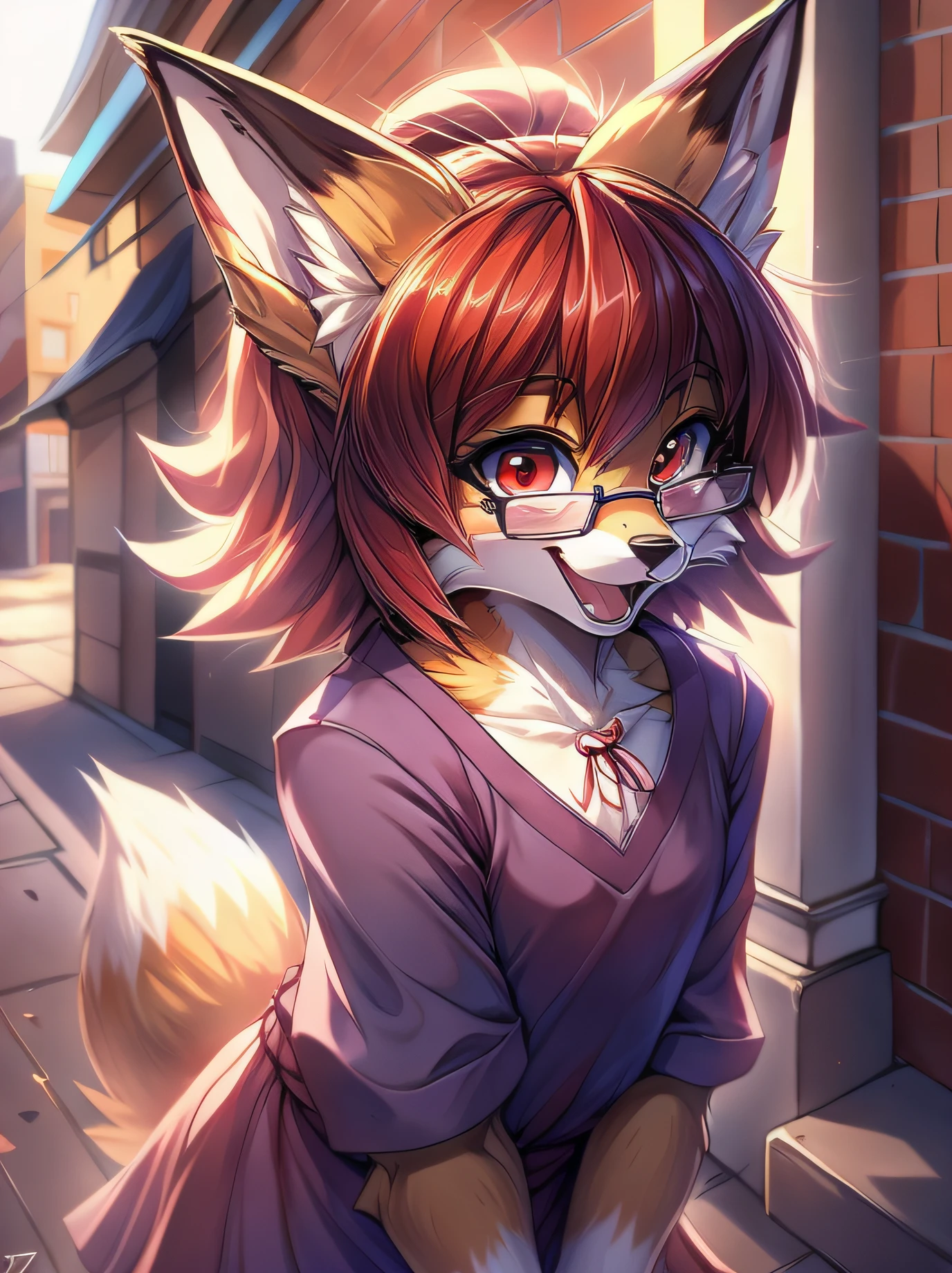 fox furry girl with short red hair, fluffy hair shy, beautiful red eyes, wearing glasses,  very  fluffy tail, small chest, bow in hair, 17 years old, happy , happy mouth, young body, Good girl, wearing a cute purple modest cute outfit, leaning over, walking in the streets, being adorable, proud girl, wanting to be loved, side perspective