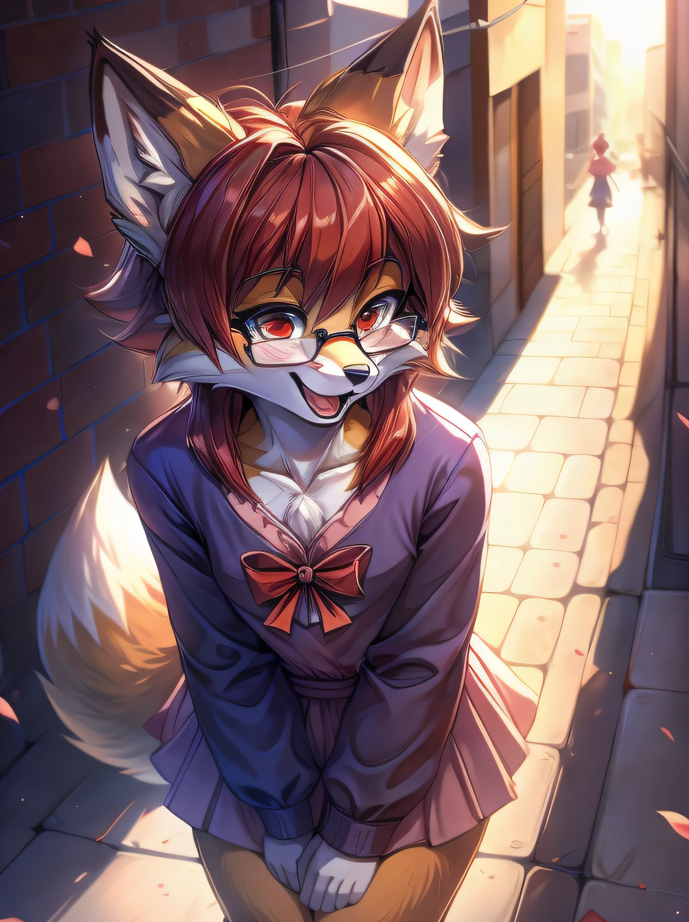 fox furry girl with short red hair, fluffy hair shy, beautiful red eyes, wearing glasses,  very  fluffy tail, small chest, bow in hair, 17 years old, happy , happy mouth, young body, Good girl, wearing a cute purple modest cute outfit, leaning over, walking in the streets, being adorable, proud girl, wanting to be loved, side perspective