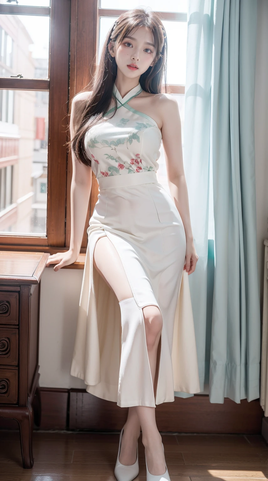 ((Bust photo))，cropped shoulders，short  skirt，A woman in oriental clothing stands in a room with decorations,long  skirt,Full body photo，in a panoramic view， Light sky blue and emerald green style, Cute and dreamy,light beige and, retro academia, elegant white outfit, white and emerald green, Light white style, light pink and light gold, retro academia, chinapunk, embroidery, Loose and fluid style, Luminous quality, Influenced by ancient Chinese art, Best quality colorful clothes,4K,8K,A high resolution,tmasterpiece:1.2),ultra - detailed,(actual,realistically,realistically:1.37),(8K, RAW photogr, Best quality at best, tmasterpiece:1.2), (realistically, actual:1.4), (profesional lighting, 电影灯光, gentlesoftlighting, bright:1.2),Exquisite, ultra - detailed, The beautiful, Extremely detailed eyes and face