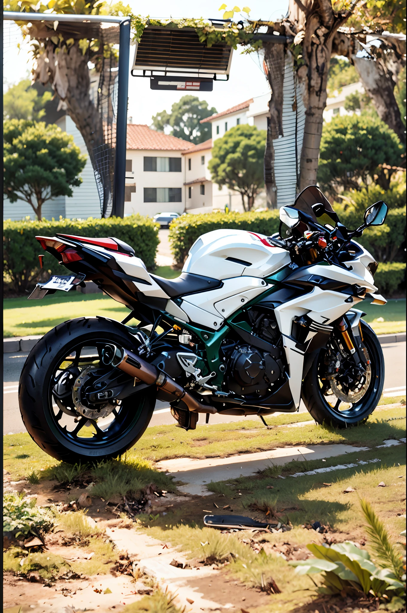 motorcycle parked in the grass near a soccer goal on a field, front side full, yoshimura exhaust, front side views full, white red, cr3, f32, f 3 2, black white, motorcycle, lowres, rear-shot, glossy white armor, front side, back facing, side front view, rear shot, silver white red , blur background