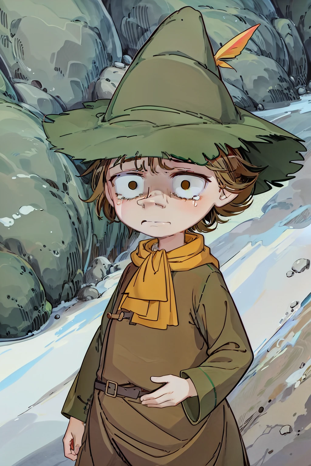 Snufkin, 1boy, short brown hair, pointy nose, green coat, green pants, brown boots, green hat with yellow feather, yellow scarf, dark brown eyes, perfect anatomy, solo, scared, tears, upper body