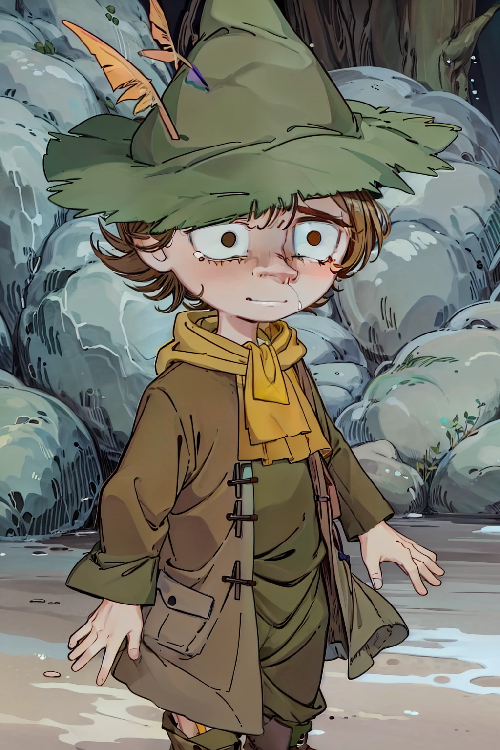 Snufkin, 1boy, short brown hair, pointy nose, green coat, green pants, brown boots, green hat with yellow feather, yellow scarf, dark brown eyes, perfect anatomy, solo, scared, tears, upper body