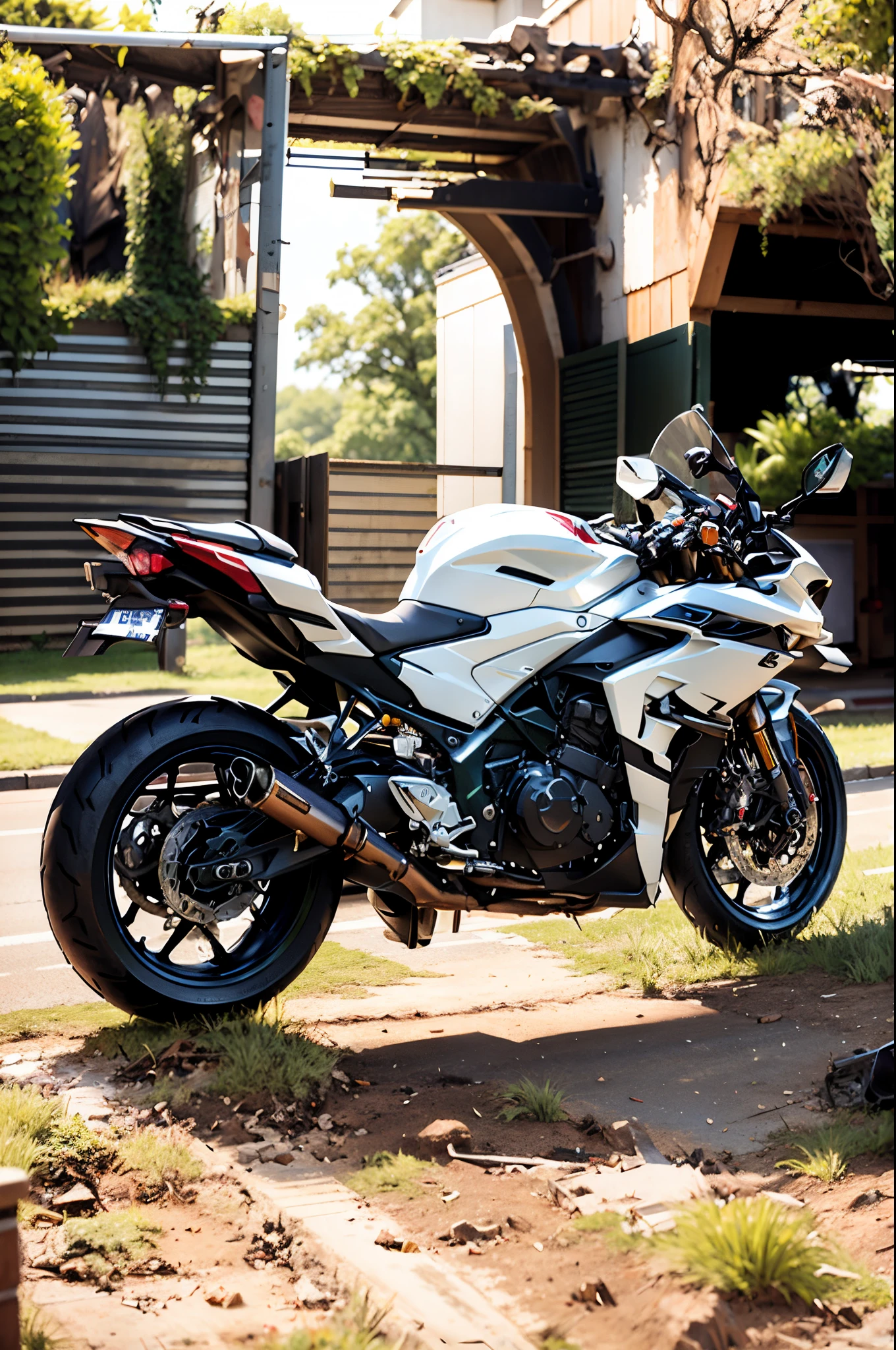 motorcycle parked in the grass near a soccer goal on a field, front side full, yoshimura exhaust, front side views full, white red, cr3, f32, f 3 2, black white, motorcycle, lowres, rear-shot, glossy white armor, front side, back facing, side front view, rear shot, silver white red , blur background