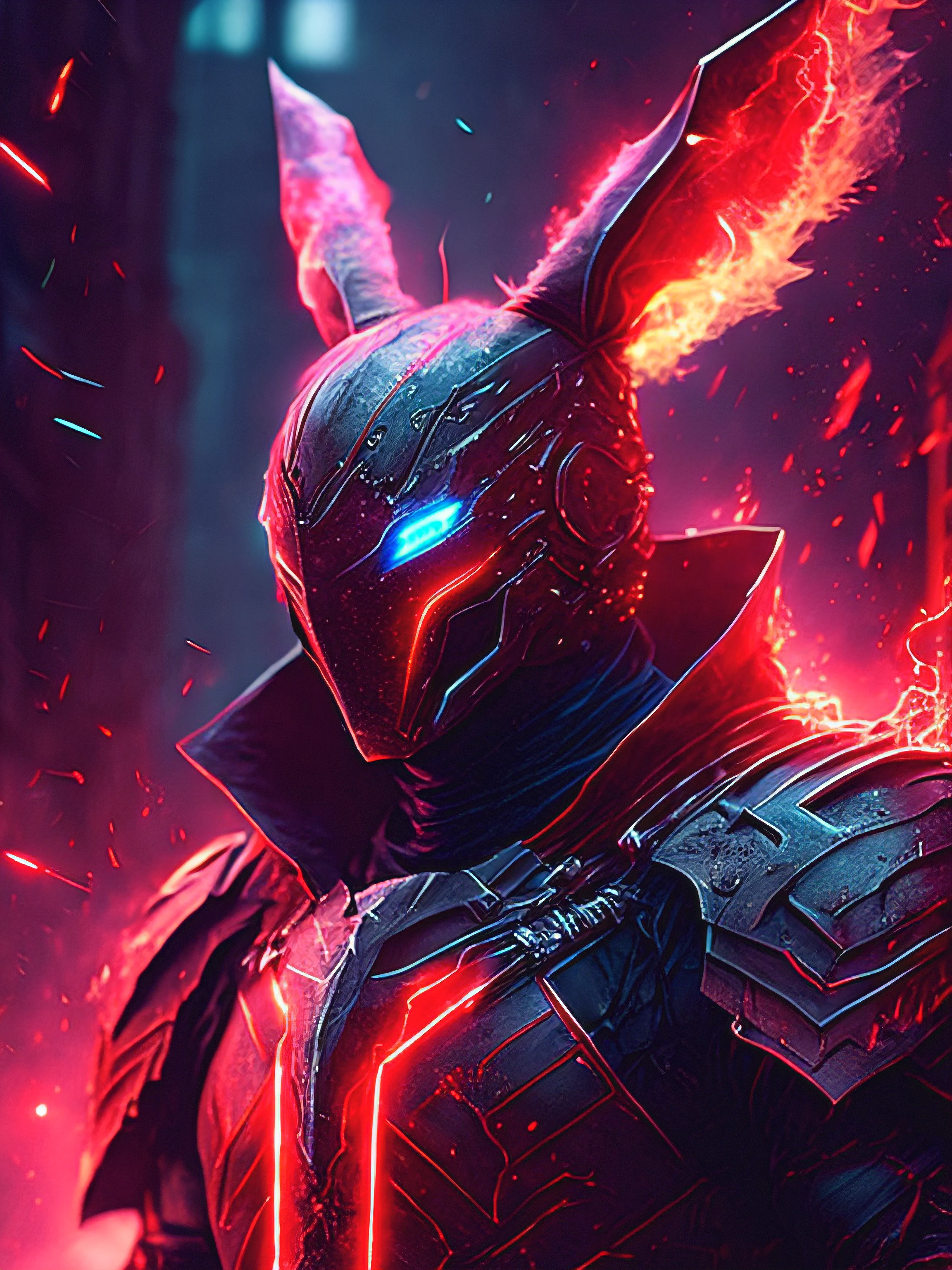 gloomy portrait of Iron rabbit Horseman of the Apocalypse from Marvel, extremely detailed, futuristic cityscape, nighttime, glowing neon lights, smoke, sparks, metal shavings, flying debris, red energy effects, volumetric light, high saturation