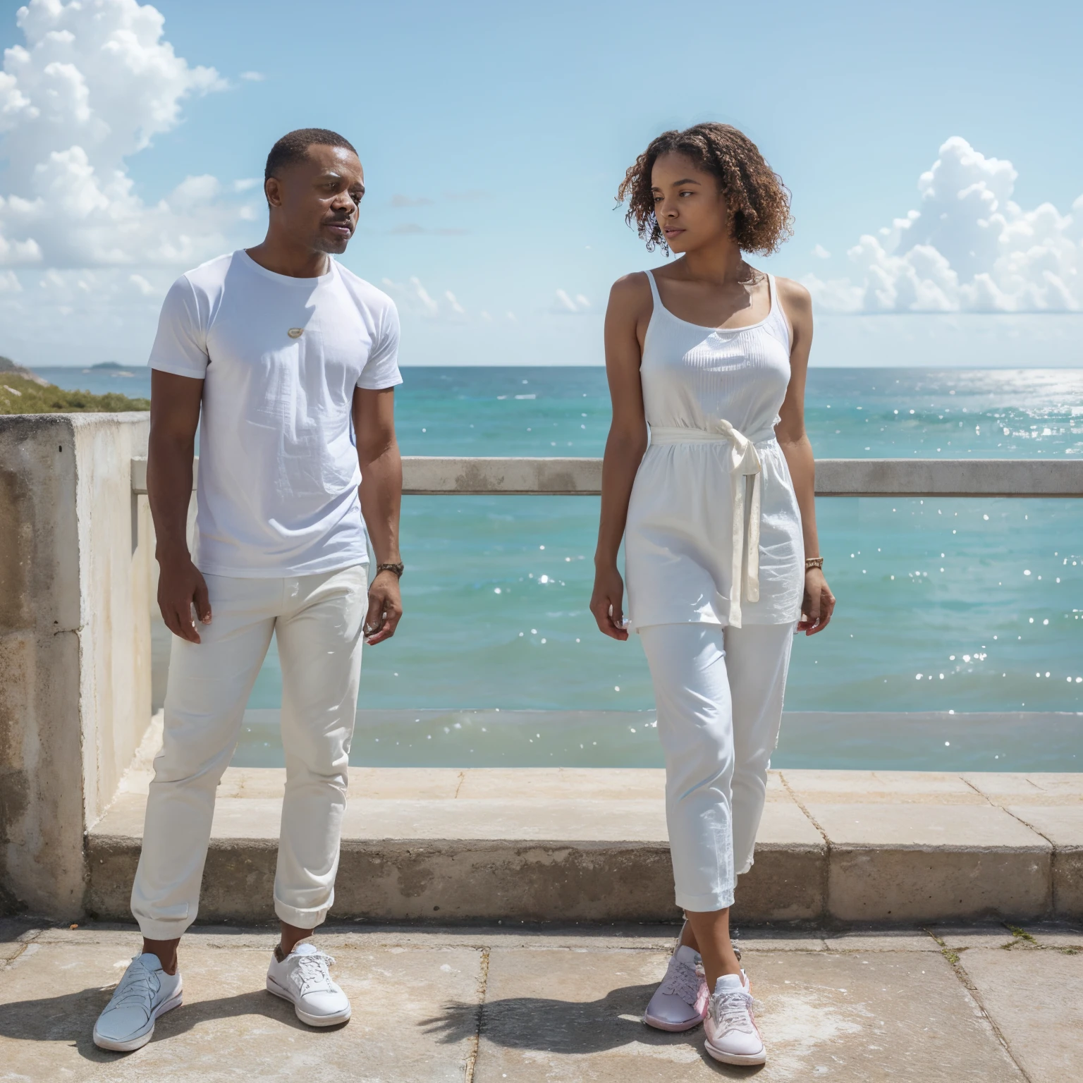A Middle Aged light skinned man it’s a white T-shirt and a cream pants and green sneakers and a pink band on his right arm standing next to a woman wearing a blue and white cloud dress and white sandals with straps her hair is curly and brown and the background is the ocean