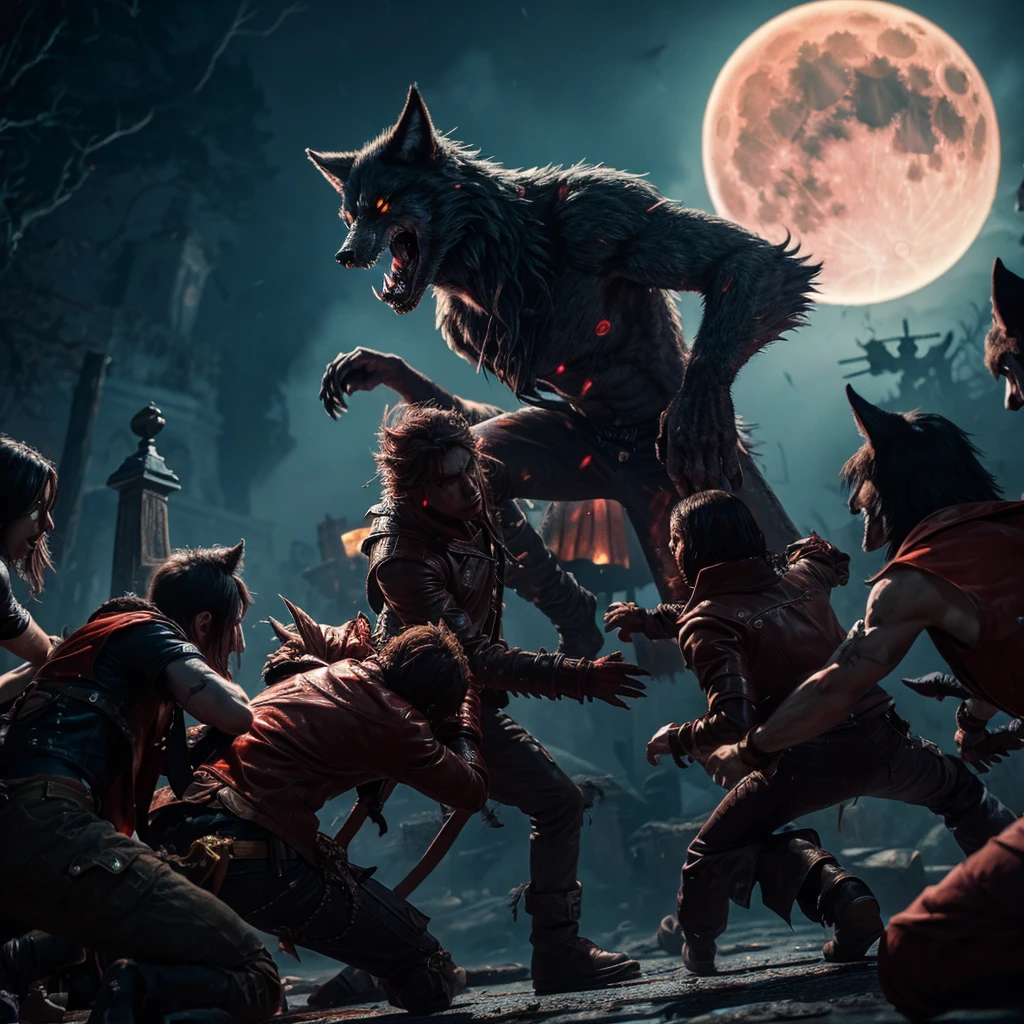 A group of werewolves fighting vampires under the blood moon