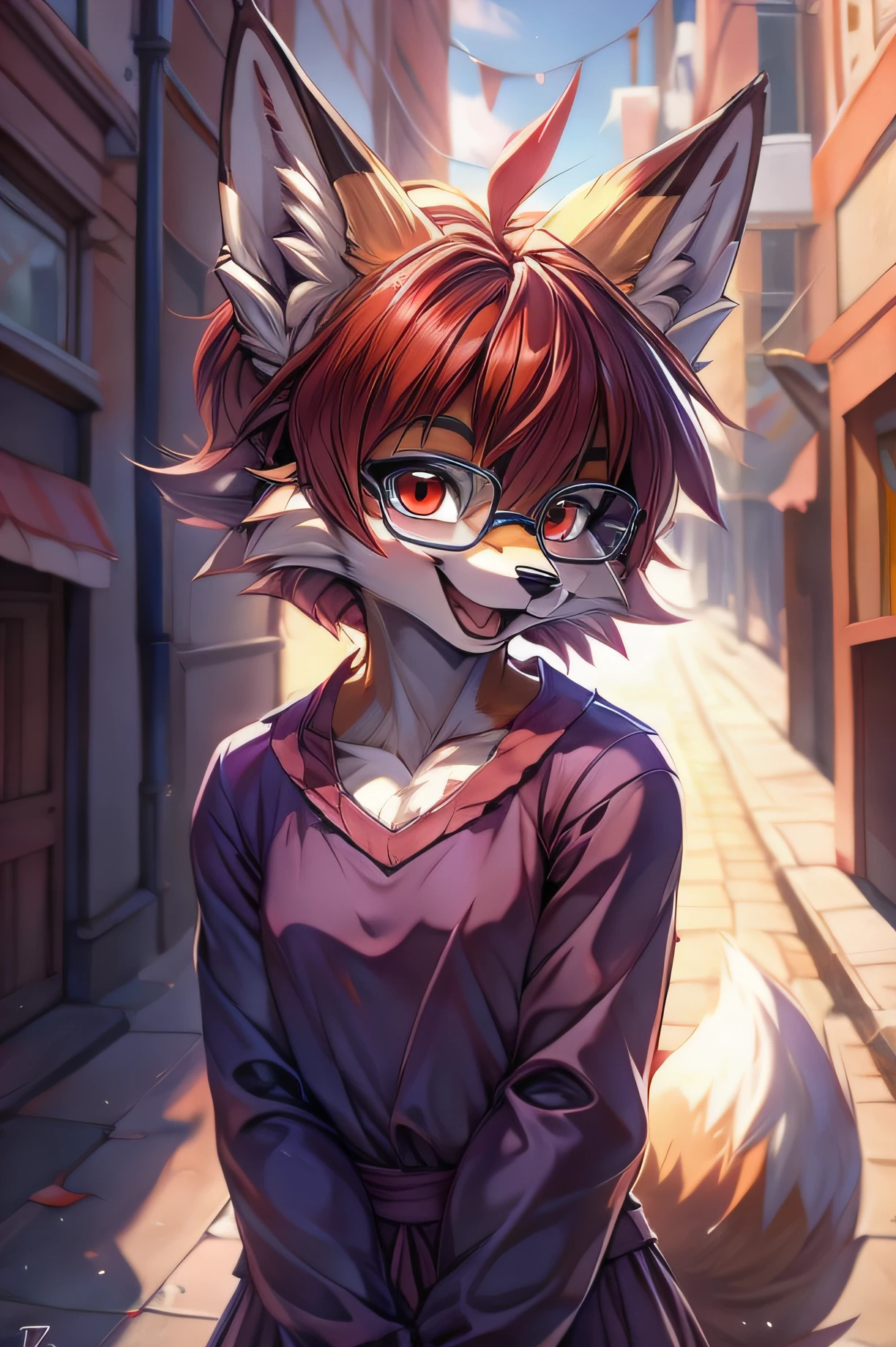 fox furry girl with short red hair, fluffy hair shy, beautiful red eyes, wearing glasses, very fluffy tail, small chest, bow in hair, 17 years old, happy , happy mouth, young body, Good girl, wearing a cute purple modest cute outfit, leaning over, walking in the streets, being adorable, proud girl, wanting to be loved, seen from her side