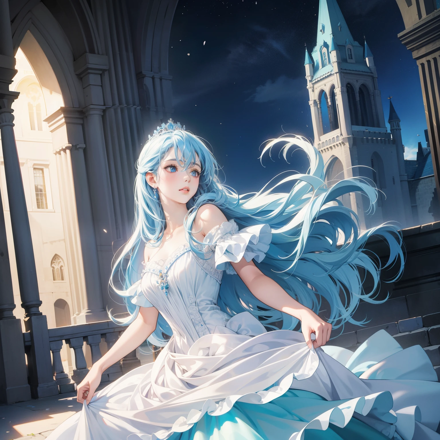 Masterpiece, high quality, best quality, HD, realistic, perfect lighting, detailed body, 1 woman, perfect eyes, long hair, light blue Hair, glowing, white blue princess Dress, castle background.