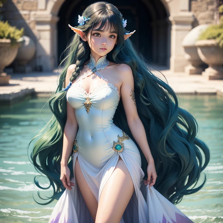 Graceful elven girl standing in meadow, Delicate face illuminated by the soft light of the setting sun. Her long, Flowing hair runs down your back, Decorated with intricate braids、Adorned with sparkling gemstones. This great photo is、、、It captures the ethereal beauty of elves. Slender figure in silk dress、Swaying in the soft steppe breeze. Attention to detail、Face that is、Face that is、Face that is、Face that is、It is evident in the intricate patterns of the dress and the subtle highlights of the luminescence. skin. The breathtaking portrayal of the elven girl is、、、、、Create an enchanting atmosphere、It invites the viewer to a magical world. emerald green hair color and eye,