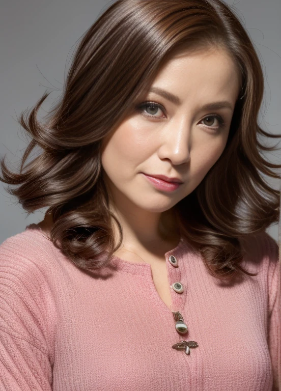 masutepiece,Best Quality, (Mature woman alone), ((Portrait:1.5)), ((Look down, Looking at the viewer)), makeup,casual everyday wear, Wavy Hair, ((Seduction expression, Open mouth:0.5)),