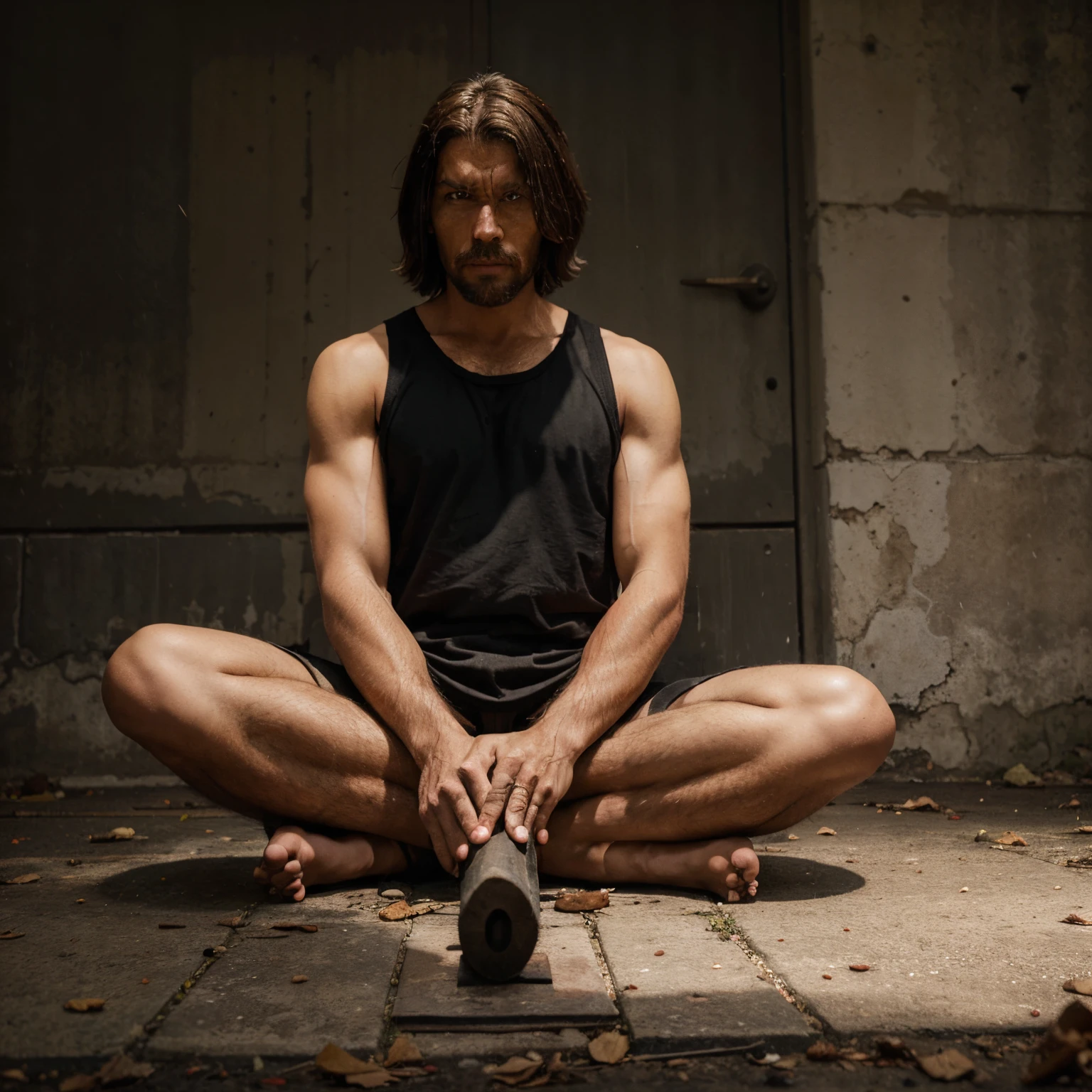 old man sitting cross-legged on the ground，There is a machete in front of you，storm element，Martial Arts Dojo，brunette color hair，black toga