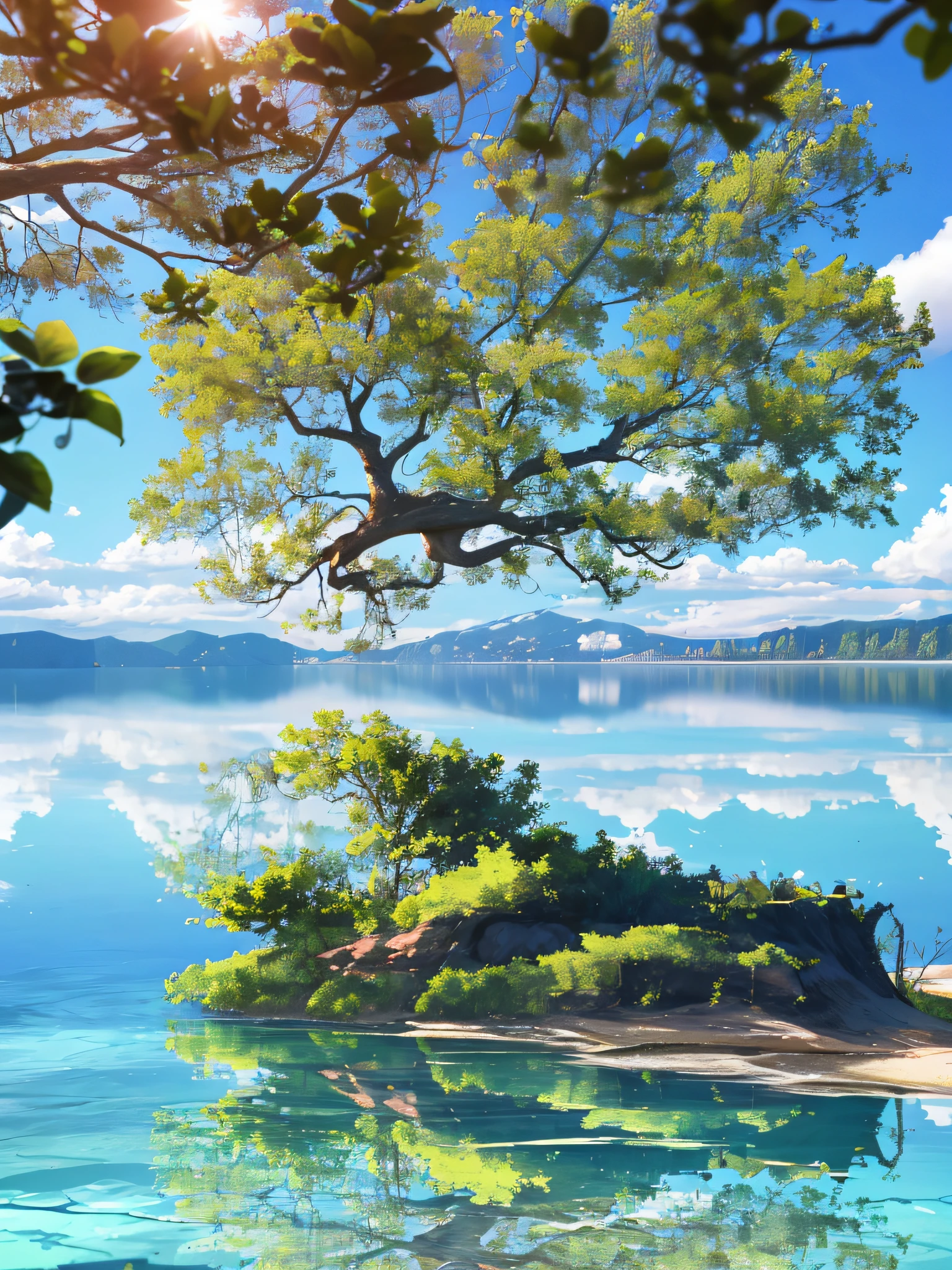 There is a tree hanging over the water, Photo of the lake on a sunny day, Detailed lake in background, Lake in the background, lake foreground, lake in foreground, reflections on the water, Calm water, beautiful lake in foreground, perfectly calm waters, Trees are reflected on the lake, beautiful tranquil day, Reflective water, Calm afternoon