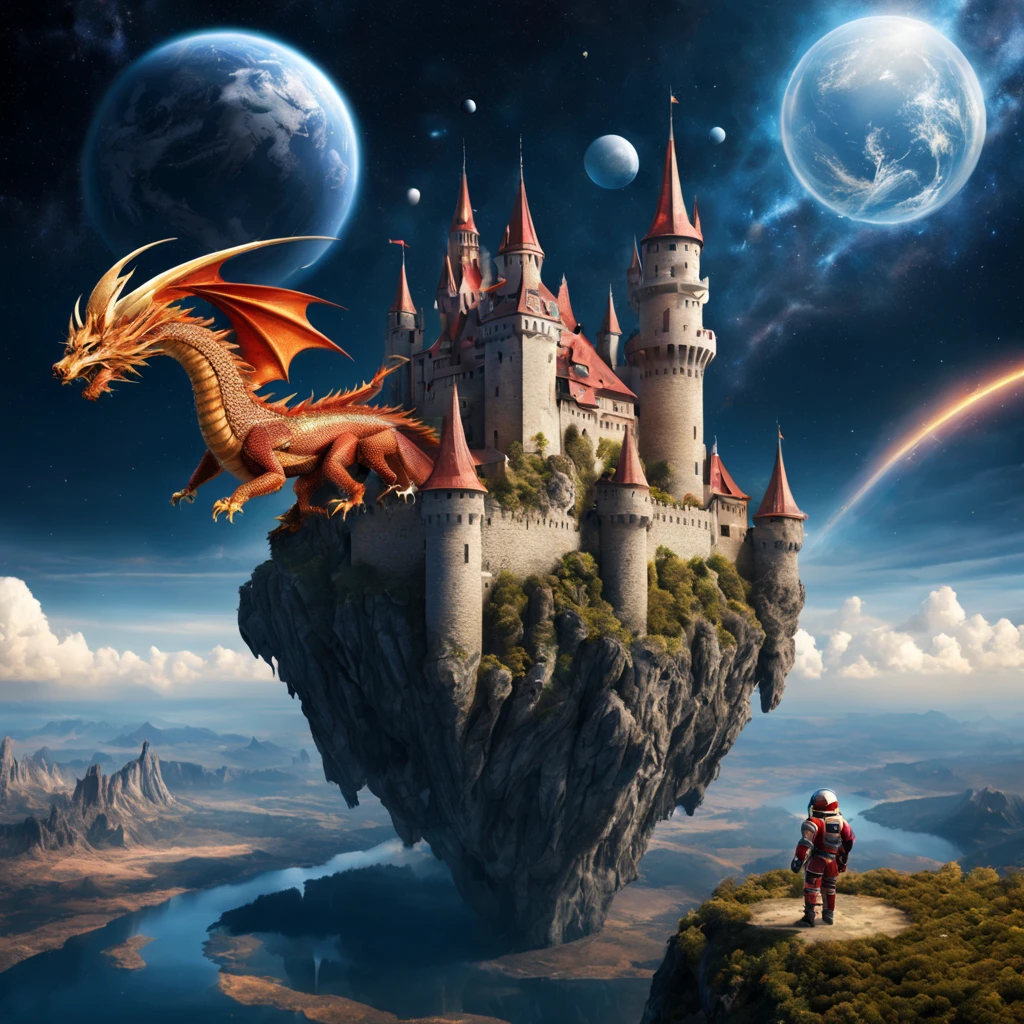 ((Medieval European castle floating in space)),Floating castle,A robot named Hiryu made of inorganic materials is flying around.,((Dragon rider in spacesuit)),beautiful and majestic scenery,,Earth seen from space,A dream-like scene that combines medieval and science fiction,solemn atmosphere of the Middle Ages,Sci-Fi Light Effects,planets and satellites visible in the distance,stardust,Starshine,Complex colors,​masterpiece