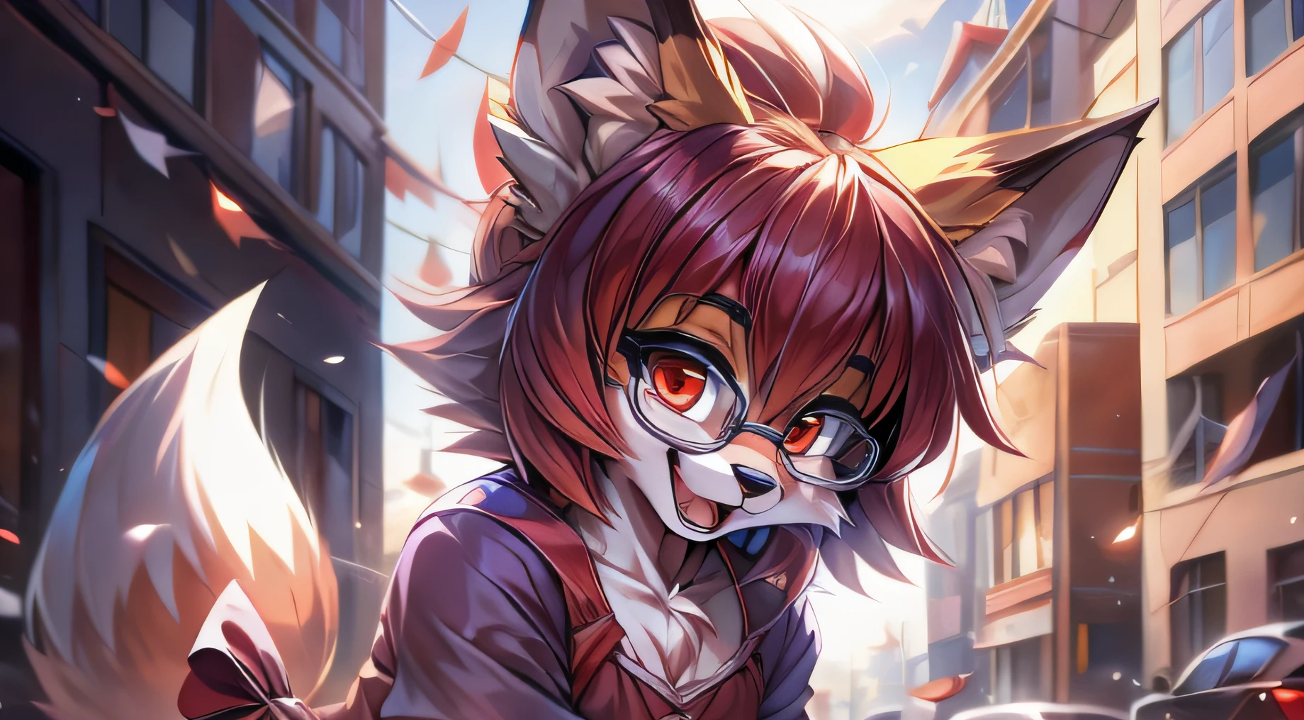fox furry girl with short red hair, fluffy hair shy, beautiful red eyes, wearing glasses,  very  fluffy tail, small chest, bow in hair, , happy , happy mouth, young body, Good girl, wearing a cute purple modest cute outfit, leaning over, walking in the streets, being adorable, proud girl, wanting to be loved, seen from her side