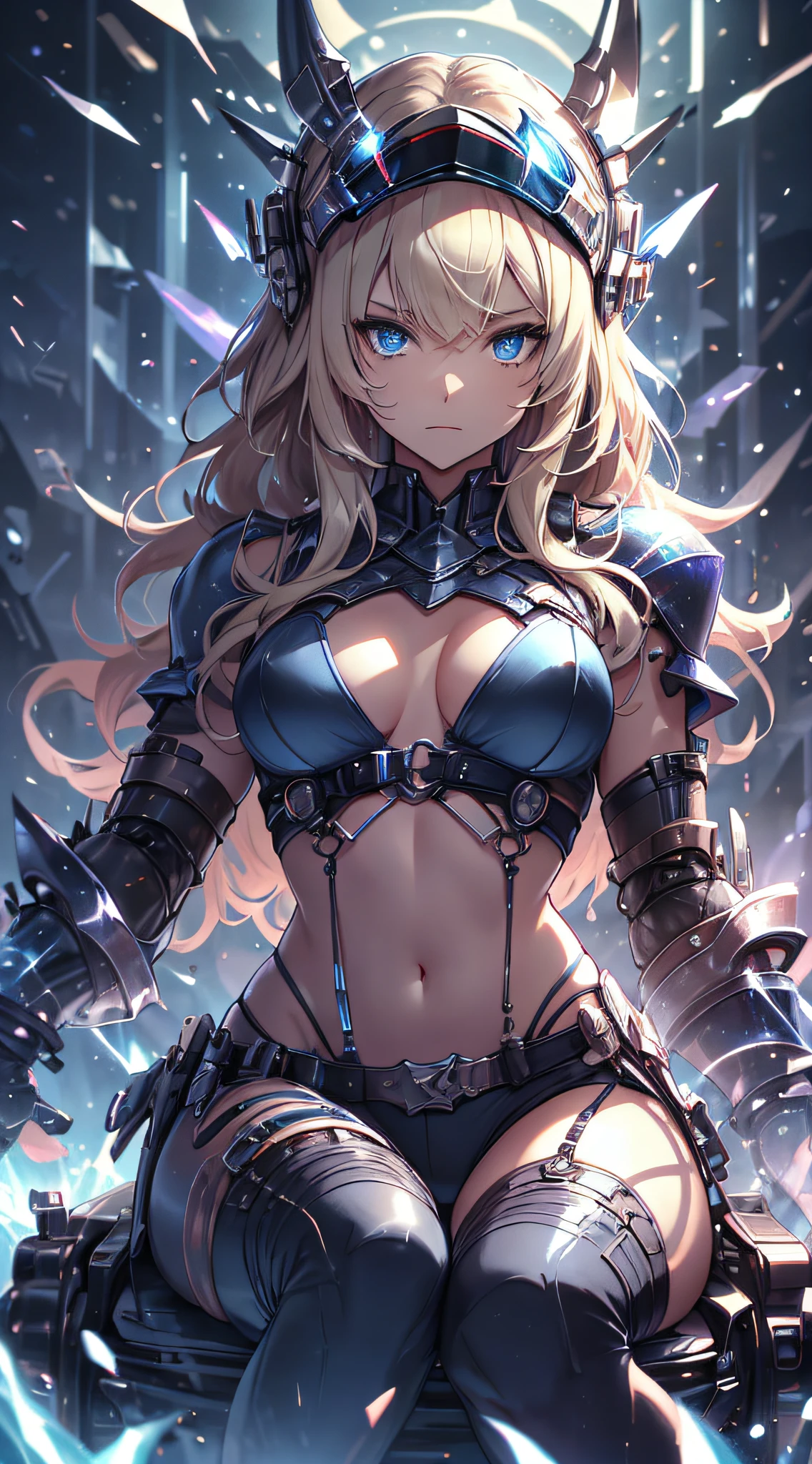 top-quality、Top image quality、masterpiece、age girl((black mechanic body、Shining red body line、Thorny armor、18year old、 Ager、Best Bust、big bast,Beautiful light blue eyes, Long Blonde Hair、A slender,Large valleys、Reflecting the whole body、black mechanic helmet、Equipped with a glossy black visor for the eyes、The power cable is stuck all over the body、Sitting in a mechanical chair)),hiquality、Beautiful Art、Background with((research complex、Mechanical Laboratory、bio research))masterpiece、depth of fields,