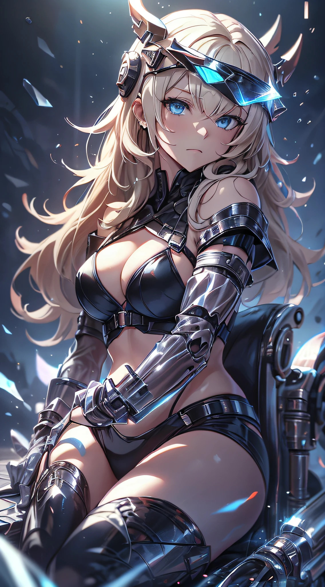 top-quality、Top image quality、masterpiece、 girl((black mechanic body、Shining red body line、Thorny armor、18year old、 Ager、Best Bust、big bast,Beautiful light blue eyes, Long Blonde Hair、A slender,Large valleys、Reflecting the whole body、black mechanic helmet、Equipped with a glossy black visor for the eyes、The power cable is stuck all over the body、Sitting in a mechanical chair)),hiquality、Beautiful Art、Background with((research complex、Mechanical Laboratory、bio research))masterpiece、depth of fields,