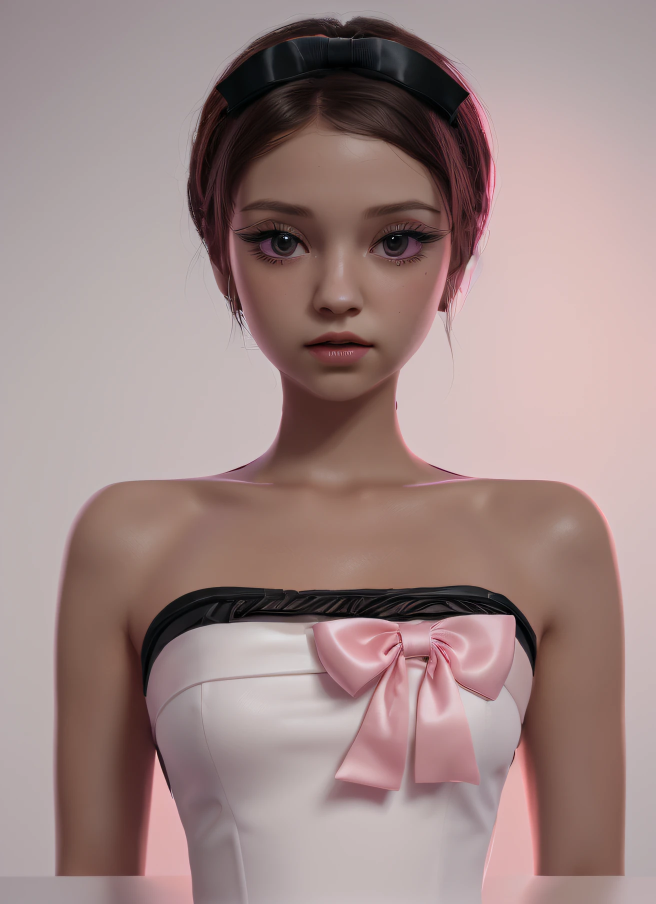 masterpiece, best quality, one girl, black out fit and pink bow , game cg, detailed, white background