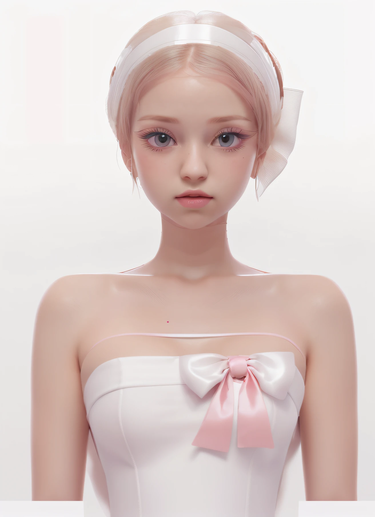 masterpiece, best quality, one girl, white outfit and pink bow tie , game cg, detailed, white background