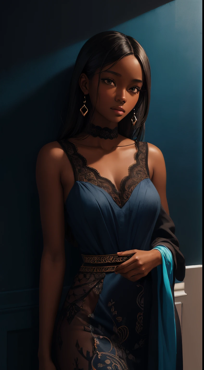 A brief moment of calm, {beautiful black woman with cinnamon skintone, dark skin 1:3}, elegant neutral color lace clothing juxtaposed against the vibrant colors of a wall tapestry in the background. Colors of vibrant peach and deep cyan blue, sof highlighting, detailed, intricate , in the style of James Jean and Thomas Kincaid , chiaroscuro, wabi sabi aesthetic, beautiful, masterpiece, behance award winning, oil painting, romanticism, best quality