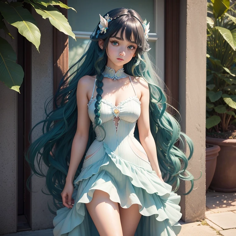 ( detailed face) mermaid Single female with legs. Fish Fin ears. (Dark green)wavy hair(braided). Standing up (facing forward). Blue eyes. White purple dress. Shell hair ornaments
