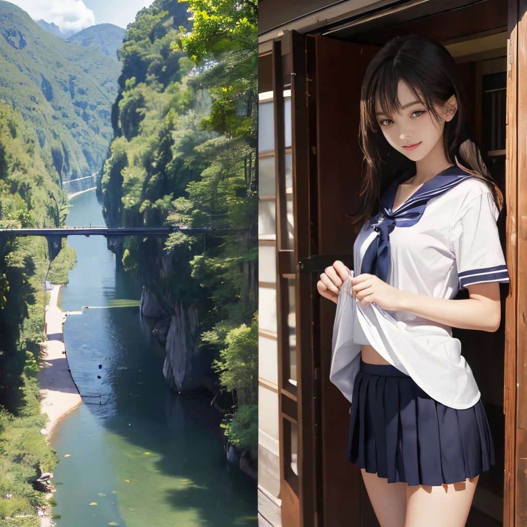 masterpiece、Two beautiful girls、A detailed eye、超A high resolution(reality:1.4)very extremely beautiful, Beautiful skins, A slender,skinny body、being thin、thin and long legs、 Forward-facing body, (A hyper-realistic), (hight resolution), (8K), (ighly detailed), (ultra-detailliert), 详细的脸,、Everyone naked after school、nsfw、collage、summer vacation、a sailor suit、((((No panties in the skirt、lifted skirt))))、Into the cloud、outside of house、Summer memories、On the、Play with a smile