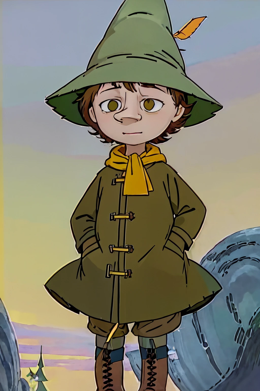 Snufkin, 1boy, short brown hair, pointy nose, green coat, green pants, brown boots, green hat with yellow feather, yellow scarf, dark brown eyes, perfect anatomy, solo