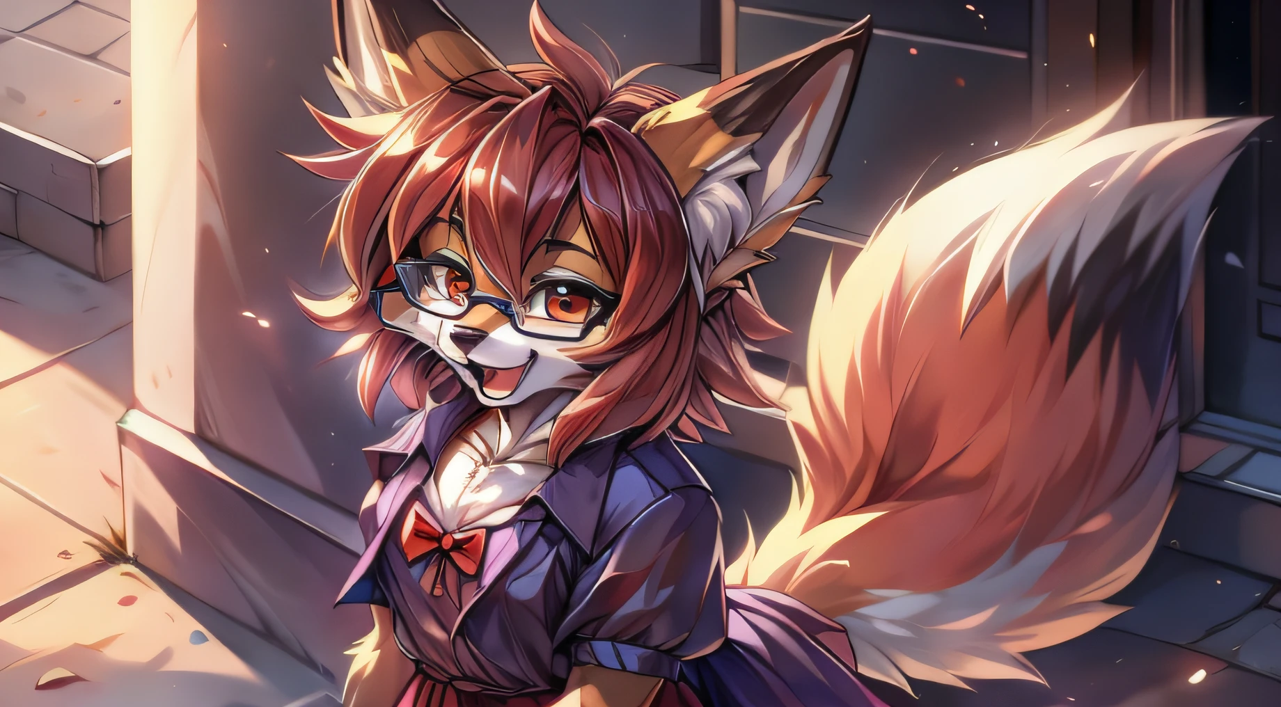 fox furry girl with short red hair, fluffy hair shy, beautiful red eyes, wearing glasses, very fluffy tail, small chest, bow in hair, 17 years old, happy , happy mouth, young body, Good girl, wearing a cute purple modest cute outfit, leaning over, walking in the streets, being adorable, proud girl, wanting to be loved, seen from her side