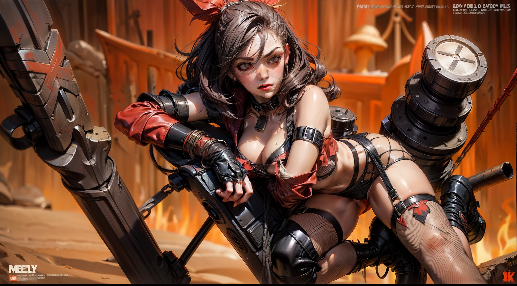 Post-apocalyptic female warrior (Ohwx woman) in Simon Bisley style for the cover of Heavy Metal magazine, wearing teared red shirt and black fishnets, with some barbed wires around her left leg thigh, scantily clad, art by Simon Bisley