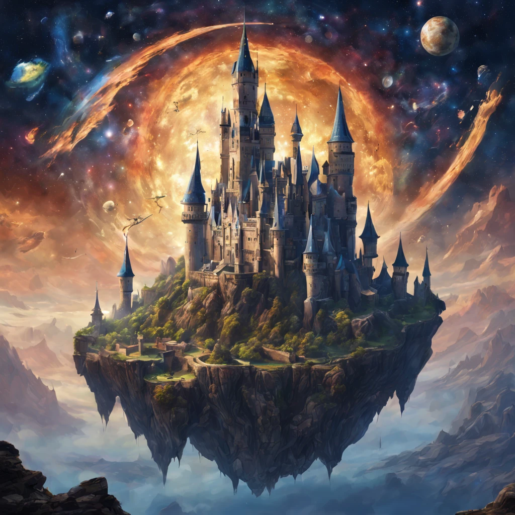 ((Medieval European castle floating in space)),Floating castle,A robot named Hiryu made of inorganic materials is flying around.,((Dragon rider in spacesuit)),beautiful and majestic scenery,,Earth seen from space,A dream-like scene that combines medieval and science fiction,solemn atmosphere of the Middle Ages,Sci-Fi Light Effects,planets and satellites visible in the distance,stardust,Starshine,Complex colors,​masterpiece