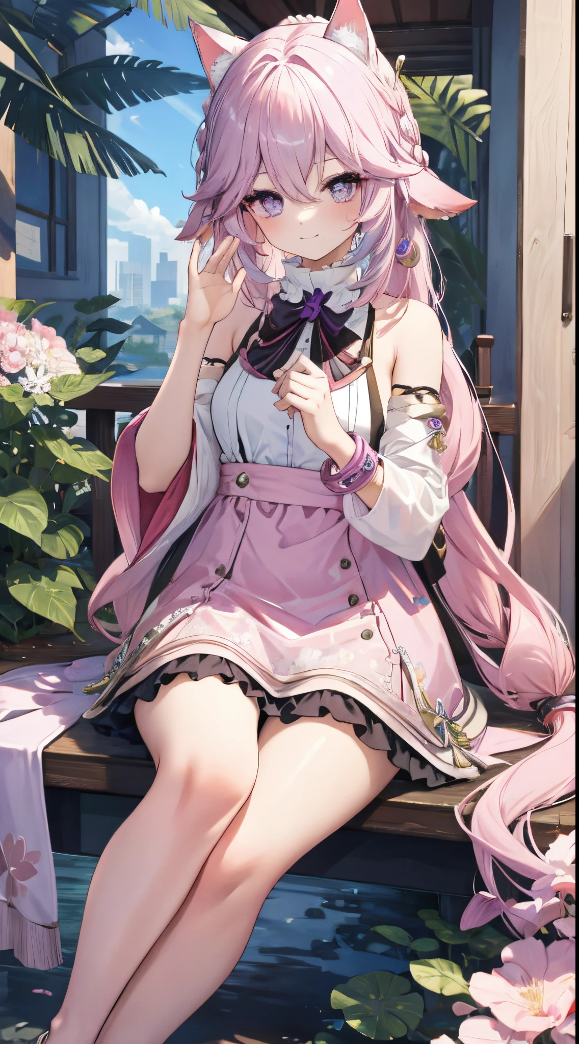 Eyes detailed，Full body photo,one-girl,meet,bare-legged，Barefoot，the watercolor style，Cat style,Public area display,sliver long hair,lightblue hair,Light pink hairstyle，Cat ears，a pink eyes，Lolita prostitute，meia blanca，Pink bow,mouth open smile,ligation bracelet,Superior image quality,Best quality at best