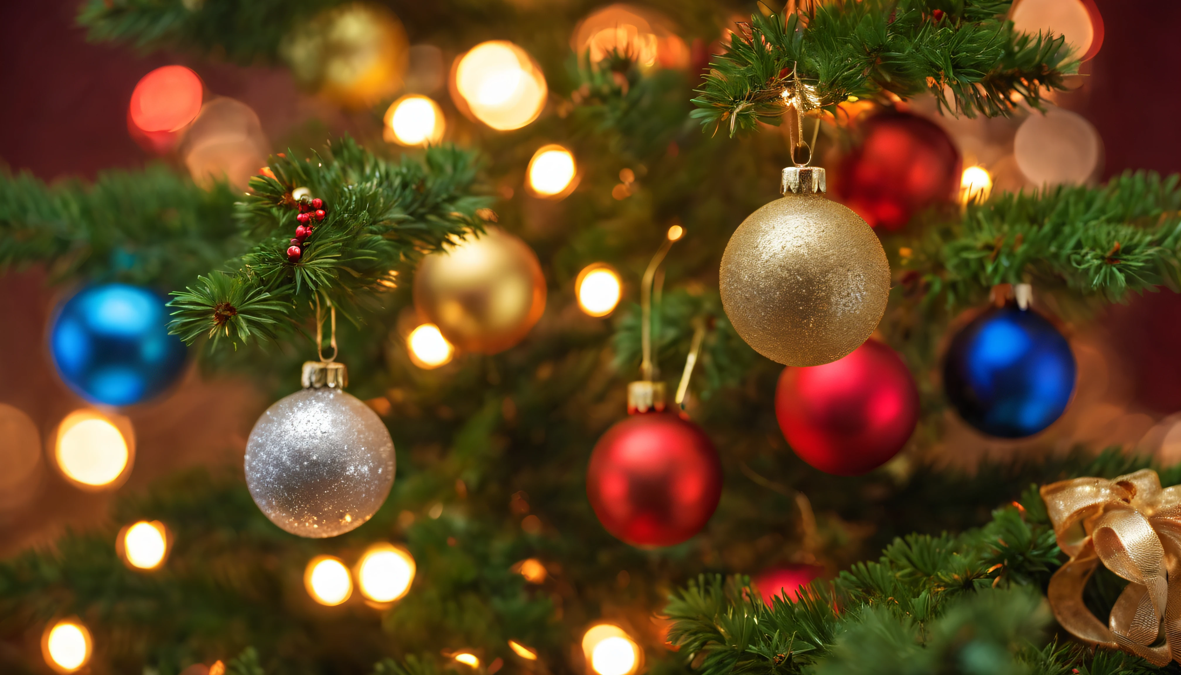 Breathtaking cinematic photo of a real Hyperrealistic christmas ((close-up photo)) of a beautiful stunning ((christmas tree: 1.5)) decorated with (((mistletoe))) and golden christmas tree decorations, Christmas tree garlands, golden and red colored Christmas tree balls, ((angel figurines)), in the background multicolored led lights (red, blue, green, yellow), extremely high-resolution details, photorealism, realistic lifelike textures, masterpiece, best quality, sharp focus, photorealism, photorealistic, 8k, volumetric light, (intricate details), hdr, high detailed, high quality, soft cinematic light, dramatic atmosphere, atmospheric perspective, ultra realistic, neutral colors, cinematic lighting, wide angle, film grain, dslr, raw photo, photo,