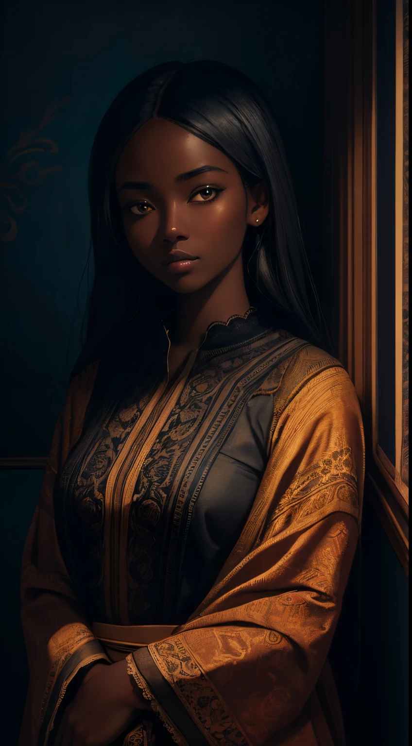 A brief moment of calm, {beautiful black woman with cinnamon skintone, dark skin 1:3}, big realistic eyes, elegant neutral color lace clothing juxtaposed against the vibrant colors of a wall tapestry in the background. Colors of vibrant peach and deep cyan blue, sof highlighting, detailed, intricate , in the style of James Jean and Thomas Kincaid , chiaroscuro, wabi sabi aesthetic, beautiful, masterpiece, behance award winning, oil painting, romanticism, best quality