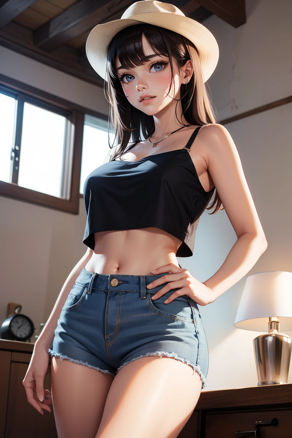 Muchirimchi、kawaii、Thick, round faced、Short black hair、college girl，The top is worn only with suspenders，Side Body，Medium composition