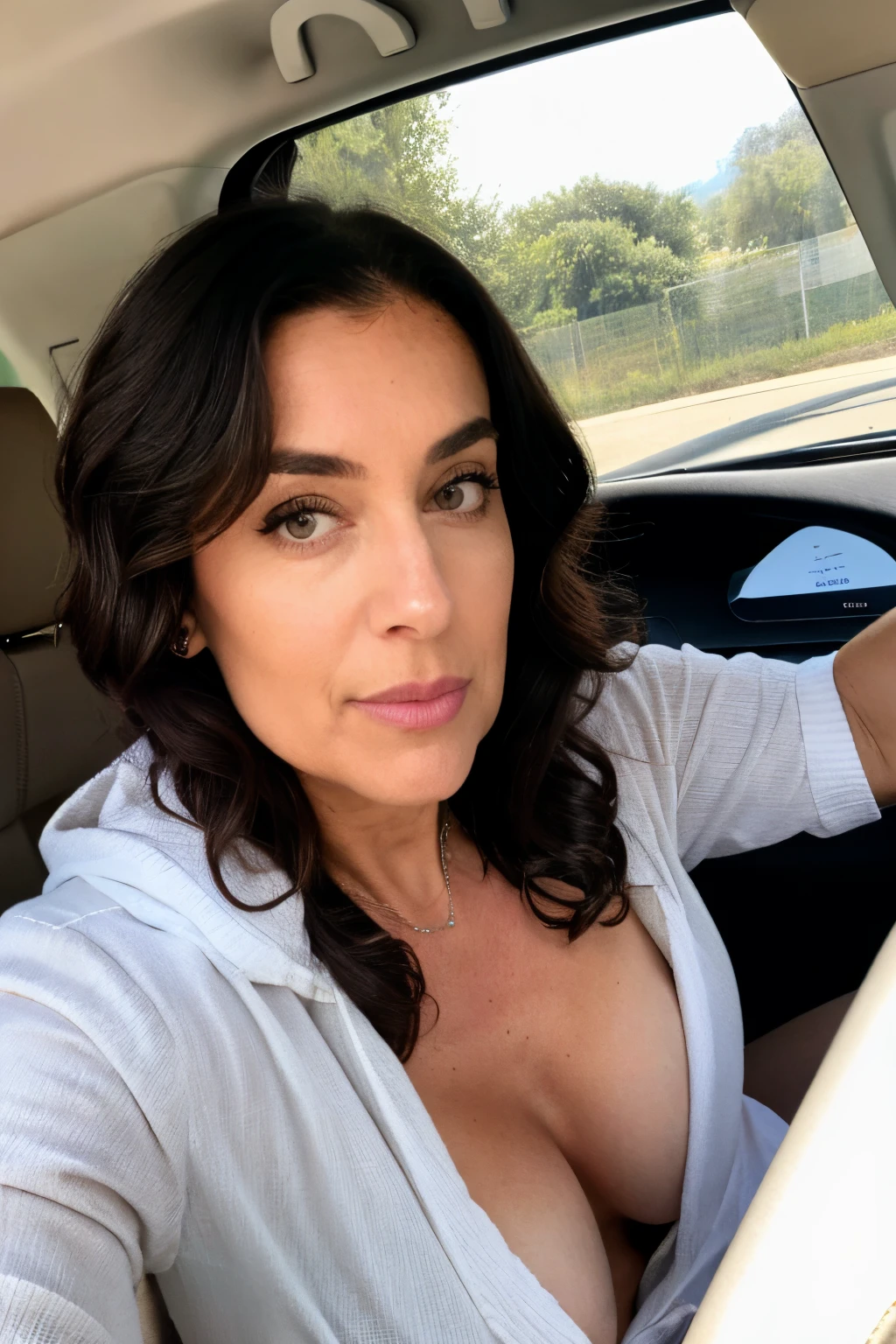 femme de 60 ans, corps marked par l&#39;age, rides au visage, eyeliner, nez crochu, Dans sa voiture,. elle est nue, Selfie avec le telehpone, Curly and dark hair. Vue du dessus, elle regarde le spectateur. Elle montre ses seins