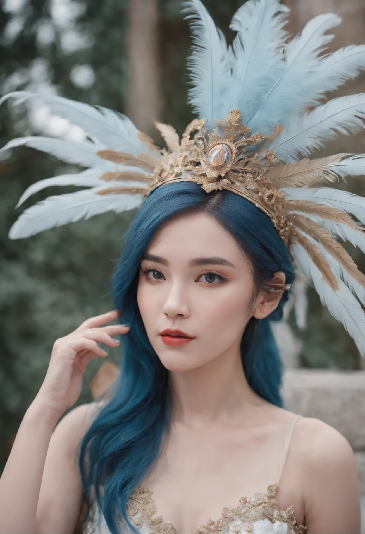 There is a blue hair,Woman with feathers on her head, fantasy photoshoot, glamourous , girl with feathers, elegant glamourous , Alice X. zhang, fantasy character photo, Guviz-style artwork, Shot on Canon EOS R 6, Ruan Jia and Artgerm, by Yang J, Gorgeous Role Play, rococo cyberpunk