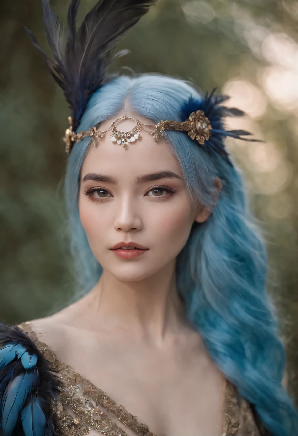 There is a blue hair,Woman with feathers on her head, fantasy photoshoot, glamourous , girl with feathers, elegant glamourous , Alice X. zhang, fantasy character photo, Guviz-style artwork, Shot on Canon EOS R 6, Ruan Jia and Artgerm, by Yang J, Gorgeous Role Play, rococo cyberpunk