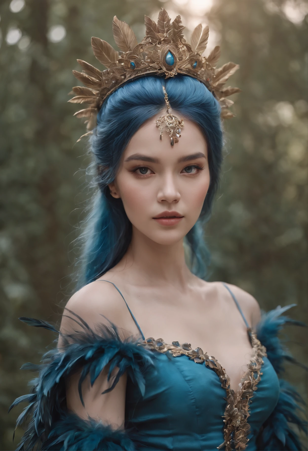 There is a blue hair，Woman with feathers on her head, fantasy photoshoot, glamourous , girl with feathers, elegant glamourous , Alice X. zhang, fantasy character photo, Guviz-style artwork, Shot on Canon EOS R 6, Ruan Jia and Artgerm, by Yang J, Gorgeous Role Play, rococo cyberpunk