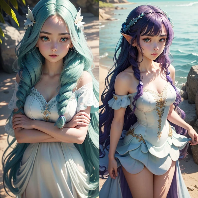 ( detailed face) mermaid Single female with legs. Fish Fin ears(Dark green)wavy hair(braided). Standing up (facing forward). Blue eyes. White purple dress. Shell hair ornaments