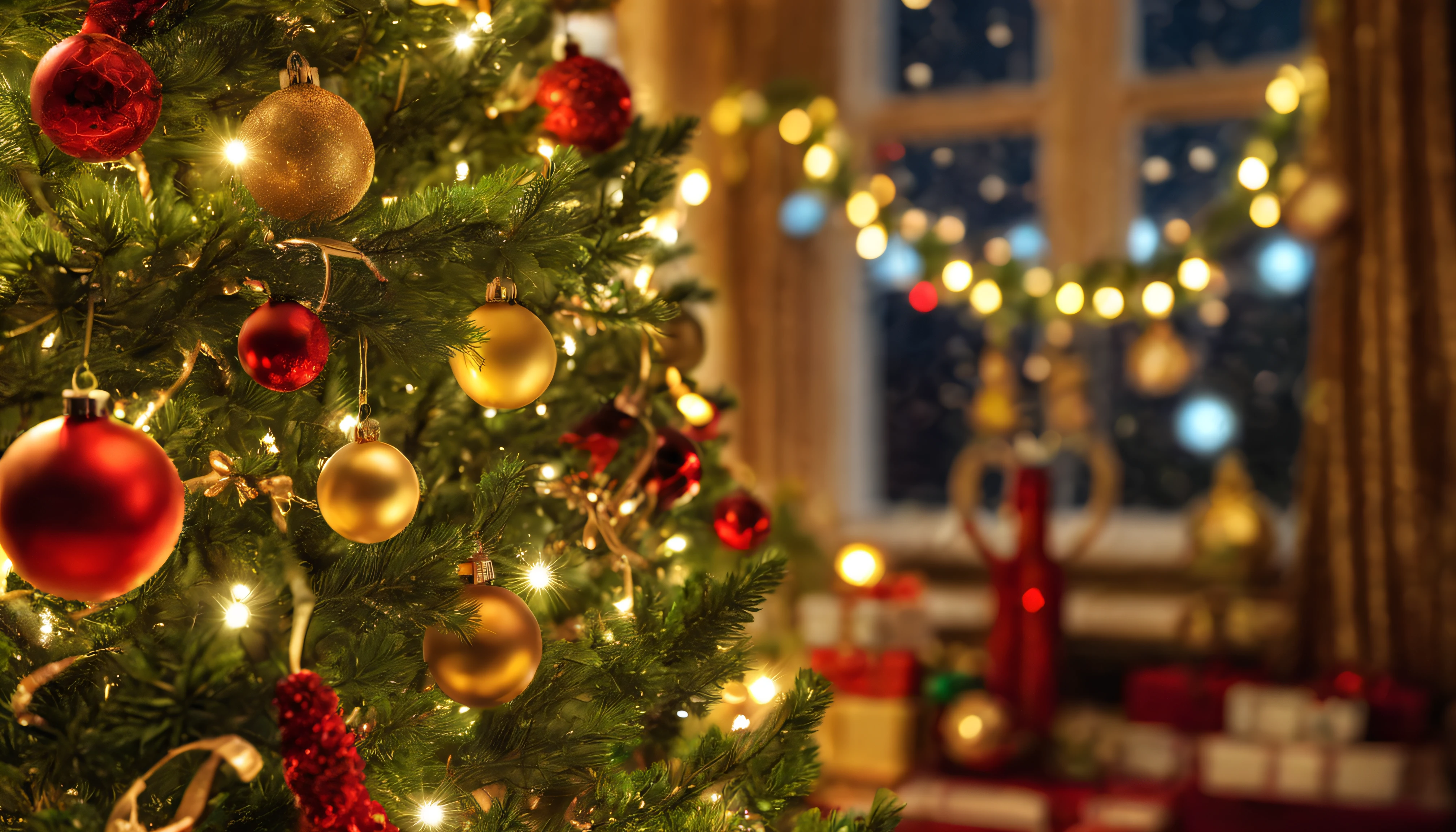 Breathtaking cinematic photo of a real Hyperrealistic christmas ((close-up photo)) of a beautiful stunning ((christmas tree: 1.5)) decorated with (((mistletoe))) and golden christmas tree decorations, Christmas tree garlands, golden and red colored Christmas tree balls, ((angel figurines)), in the background multicolored led lights (red, blue, green, yellow), extremely high-resolution details, photorealism, realistic lifelike textures, masterpiece, best quality, sharp focus, photorealism, photorealistic, 8k, volumetric light, (intricate details), hdr, high detailed, high quality, soft cinematic light, dramatic atmosphere, atmospheric perspective, ultra realistic, neutral colors, cinematic lighting, wide angle, film grain, dslr, raw photo, photo,