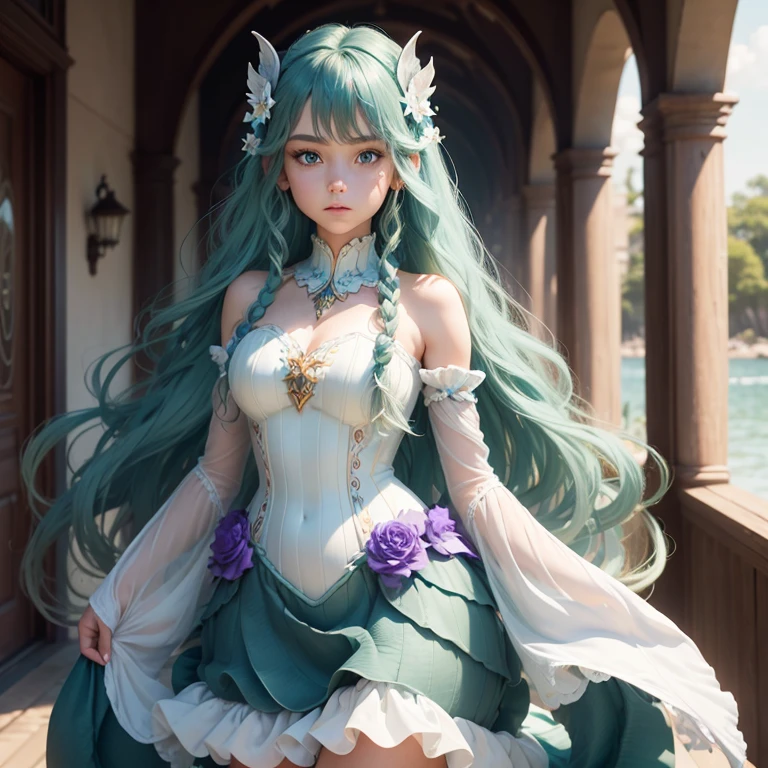 ( detailed face) mermaid Single female with legs. Fish Fin ears. (Dark green)wavy hair(braided). Standing up (facing forward).  Blue eyes. White purple dress. Shell hair ornaments